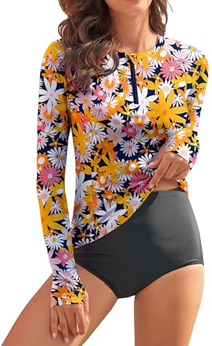 WOWENY Rashguard - Maglietta da Nuoto da Donna, a Maniche Lunghe, con Zip a 1/4, Pi, M