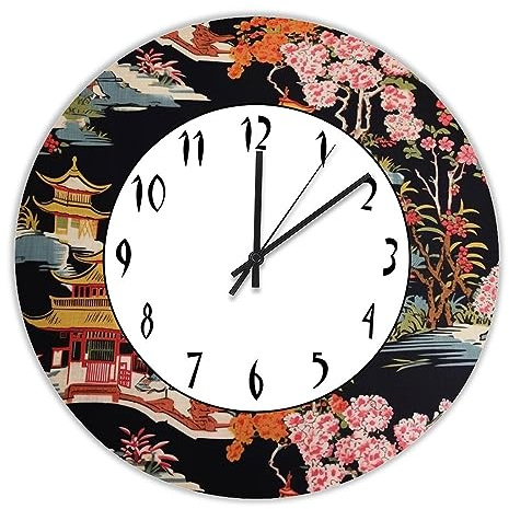 LUIJORGY Home Decor Wood Wall Clock,Chinoiserie Charcoal Coral Pagoda Asian Pavilion Retro Silent Non-Ticking Battery Operated Rustic Wooden Clock 15 Inch Wall Art for Living Room Bedroom Cafe Pub