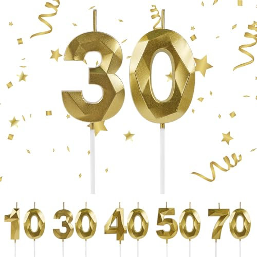 URAQT Candele di Compleanno Numero, Candele di Compleanno Oro Glitter, Adatto A Feste di Compleanno, 2 Candele Digitali 3D, Feste di Anniversario di Matrimonio, Serate di Laurea (30)