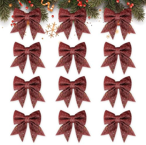 GXFCING 12 Stück Weihnachtsschleifen, Rot Glitzer Schleifen Weihnachtsbaum, Bogen Schleife, Weihnachtsbaumschmuck Schleifen für Weihnachten Party, Weihnachtskranz, Weihnachtsbaum, 15x12cm