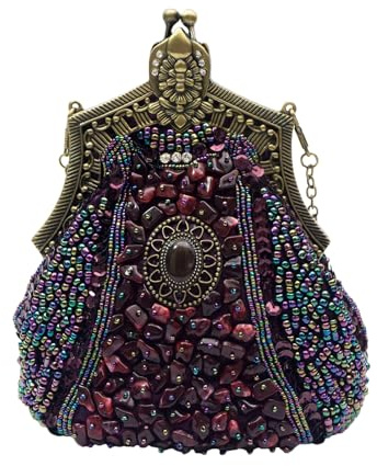 CORIOS Vintage 1920s Abendtasche Damen Floral Clutch Tasche Handgemachte Perle Handtasche Elegante Schultertasche Kette Umhängetasche Klein Tasche für Hochzeit Abschlussball Bankett-Party Lila