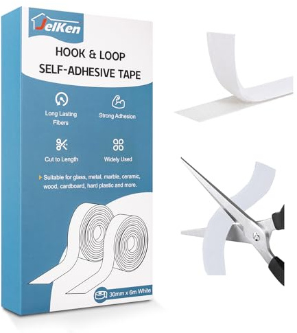 JelKen Hook and Loop Tape, 30mm x 6m, Heavy Duty Self Adhesive Tape Extra Strong Double Sided Sticky Strips for Carpet Picture Hanging Fabric Home Office Industrial | Cut-to-Length (White)
