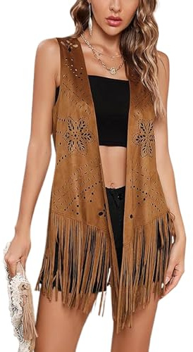 Women Tassel Vest 70s Hippie Costume Sleeveless Rivet Faux Suede Waistcoat | Open Front Fringe Waistcoat Jacket, Western Hippie Long Cardigan Perfect for Summer Going Out Party