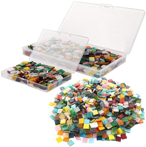 SENENQU 717g / 1028pcs Glass Mosaic Tiles, Mixed Colour Square Mosaic Pieces with 2pcs Storage Boxes, Crystal Mini Glass Tiles for Photo Frames Flower Pots Mirrors DIY Art & Crafts - 1 x 1 x 0.3cm