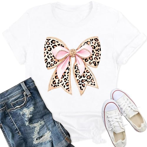 Qskall Womens Bow T Shirts Bow-Themed Shirt Leopard Print Bowknot Tee Tops