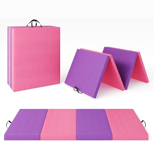 GarveeLife Folding Gymnastics Mat, Exercise Mats & Gymnastics Tumbling Mats, Thick Portable Home Gym Floor Pad for Yoga, Pilates, Aerobics & Martial Arts Training, Four Pads Folding design