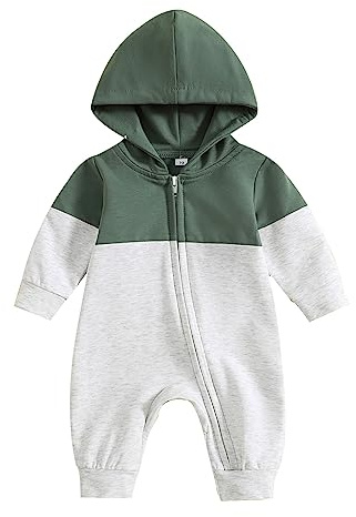 Himllauen Infant Baby Boy Contrast Color Romper Toddler Long Sleeve Casual Zipper Hooded Jumpsuit Newborn Boy Fall Spring Bodysuit Cute Clothes (Green, 0-3 Months)