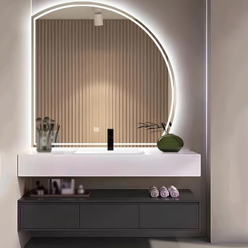 Specchio da parete illuminato a mezzaluna per trucco e rasatura, specchio da toeletta per bagno con luci dimmerabili a 3 colori, antiappannamento, antideflagrante (sinistra, 60 cm/23,6 polli