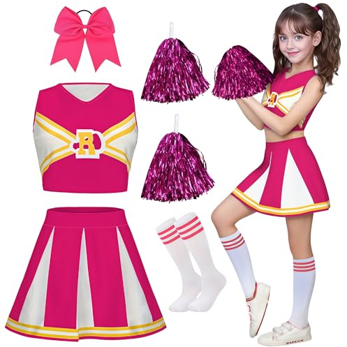 XFOZDM Deguisement Pompom Girl Enfant Deguisement Cheerleader Fille Costume Pom Pom Girl Fille Tenue de Pompom Uniforme avec Bandeau Pompons et Chaussettes pour Carnaval Halloween Fête Rose 150