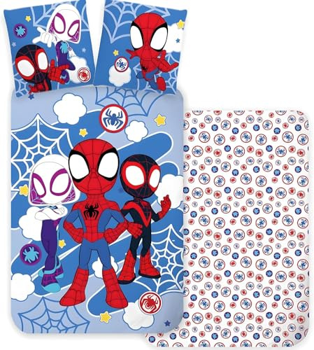 BrandMac Spidey & Friends sängkläder set för barn | påslakan 140 x 200 cm + örngott 50 x 70 cm, 100 % bomull | mjuka och andningsbara barnsängkläder