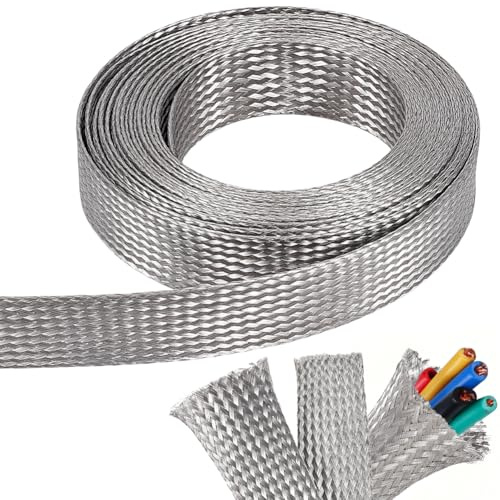NBEADS Guaina per Cavi Intrecciata In Acciaio Inox Da 5m, Rete Metallico di Messa A Terra Piatta Intrecciata In Acciaio Inossidabile Stagnato, Larga 25mm Guaina di Schermatura Flessibile per Cavi