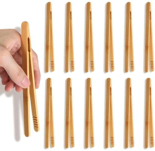 12 Pcs Wooden Tongs for Toaster, 7 Inch Bamboo Tongs | Natural Bamboo Kitchen Utensils Set, Toaster Tong with Anti-slip Design for Toast, Salad, BBQ