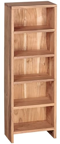 Wohnling CD-Regal Mumbai 30x17x90 cm Akazie Massivholz, 5 Fächer | Standregal schmal für Musik-Sammlung, Bücherregal Natur im Landhausstil, handgefertigtes Unikat, Holzregal massiv