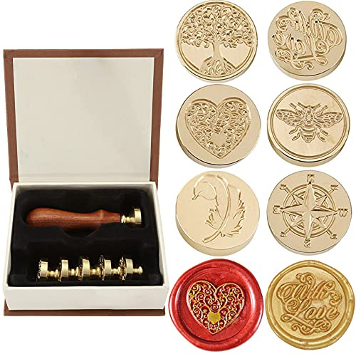 Yoption 6 Pcs Wax Seal Stamp Set, Vintage Tree of Life Bee Heart Compass Feather with Love Sealing Wax Stamps Kit, Wooden Handle with Brass Head for Wedding Invitation Cards Christmas Gift