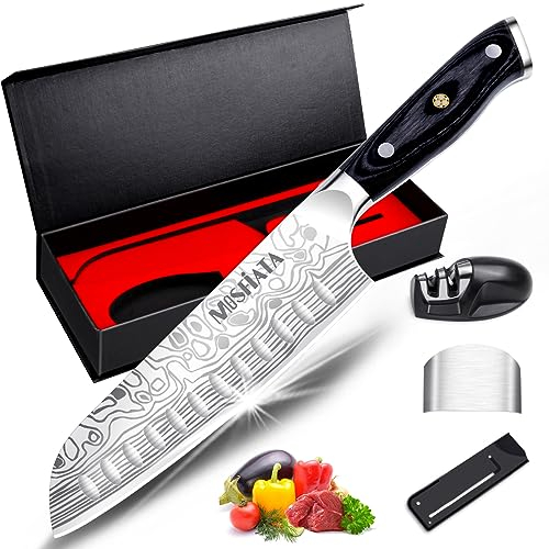 MOSFiATA 7 Super Sharp Chef Knife, Professional Cook Kitchen Knife Japanese Santoku Knives German High Carbon Stainless Steel EN1. 4116 with Finger Guard, Knife Sharpener, Micarta Handle and Gift Box