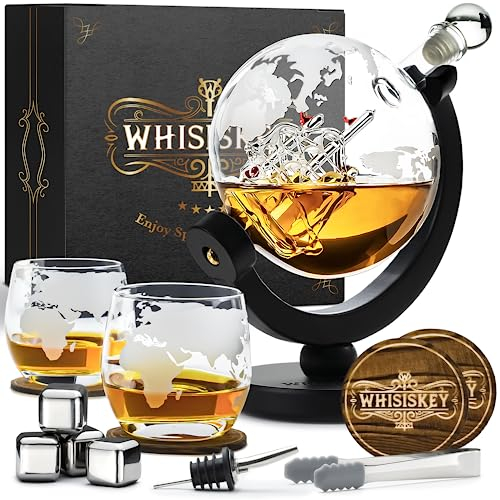 WHISISKEY Decanter per Whisky - Set Whisky Regalo - Idee Regalo Uomo Compleanno - Globe Decanter 900ML, Scatola Regalo, 2 Bicchieri da Whisky x 285ML, 4 Pietre di Whisky, Accessori
