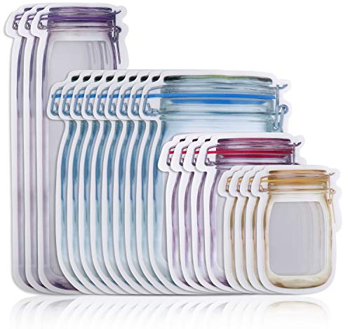 Einmachglas-Flaschen, Beutel, 4 Größen, wiederverwendbar, auslaufsicher, Reißverschluss, Lebensmittelaufbewahrung, Beutel für Snacks, Sandwiches, Süßigkeiten, 20 Stück