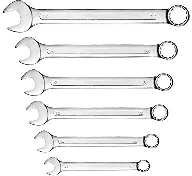 vendify® Maulschlüssel Set 6-teilig aus Karbonstahl Ringschlüssel Schraubenschlüssel Satz Gabelringschlüssel 8-17mm, verchromt mit Halter, Werkzeug Ring-Maulschlüssel DIN-3110
