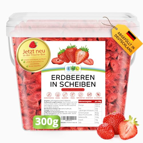 EWL Gefriergetrocknete Erdbeeren 300g | 100% Frucht | Ohne Zucker | Eimer | Knusprige Erdbeerchips | Veganer Snack | Ideal für Müsli, Porridge & zum Backen | Abfüllung in Deutschland