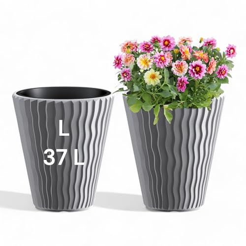 MELTOM Pflanzkübel L mit Einsatz, Blumentopf 3D-Welle 37,3 x 43,8 cm Grau | Pflanzkübel L: Gefäß 37 L, Einsatz 18 L mit Griffen – 3D-Wellenoptik für Wohnzimmer, Büro, Balkon, Terrasse und Garten