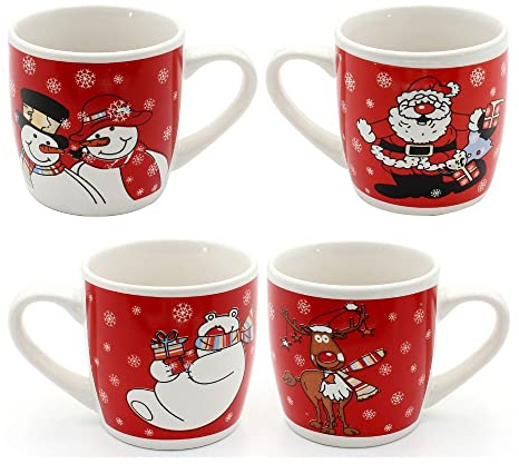 Weihnachts-Tassen/Kinder-Becher mit Weihnachtsmotiven aus Keramik als 4er Set, Größe H/Ø ca. 8 x 8 cm, Fassungsvermögen ca. 200 ml, spülmaschinenfest