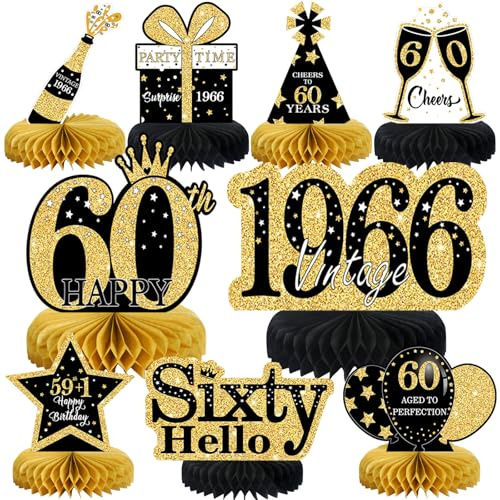 Voxisroma 60 Geburtstag Deko Männer 9 Stück Wabenmuster Schwarz Gold Mittelstücke Geburtstag Tischdeko 60 Geburtstag 60 Geburtstag Deko für Frauen Männer Geschenke
