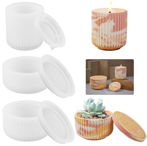 Lot de 3 moules en silicone Cylindrique Grand vase rayé pour pots de fleurs, bougies parfumées, bricolage Décoration intérieure