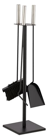 Relaxdays Set da 4 Attrezzi da Camino, Attizzatoio Fuoco, Paletta, Scopino per Cenere e Porta Utensili, Acciaio, Nero, 67 x 17 x 17 cm