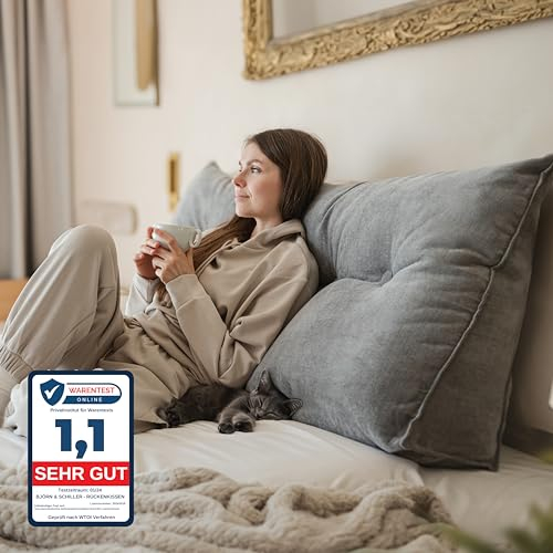 Björn&Schiller Rückenkissen - Lesekissen für Bett und Sofa, Keilkissen, Rückenpolster für die Wand, Sitzkissen, Wandkissen, groß mit waschbarem Bezug (Grau, 100 cm)