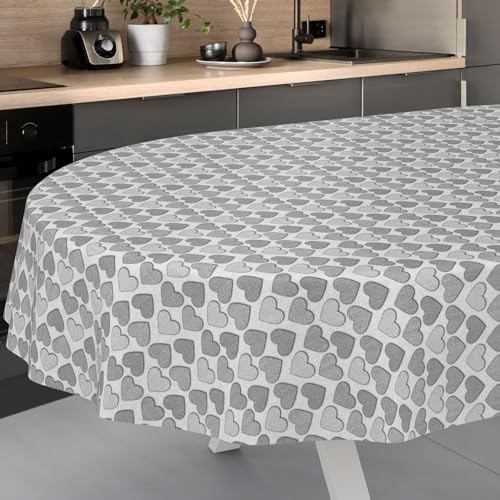 Wachstuch-Tischdecke Tischdecke abwaschbar Wachstuch Garten-Tischdecke Outdoor Indoor Oval 220x140cm Schnittkante Herz Grau
