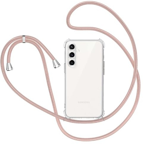 Handykette Hülle für Samsung Galaxy A55 5G mit Band, Transparent Silikon Handyhülle für Samsung Galaxy A55 5G mit Kette Stossfest Schutzhülle - Schnur mit Case zum Umhängen in Roségold