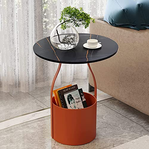 Runde Couchtische, Sofatisch, Wandtisch, moderner runder Couchtisch mit Kunstmarmorplatte und Aufbewahrungssockel, Orange