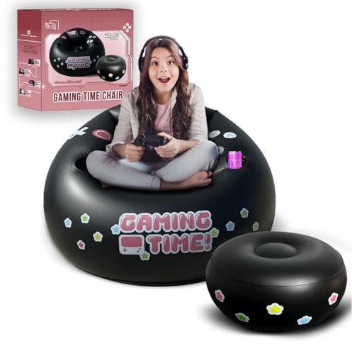 FranFusion Aufblasbarer rosa Gaming-Stuhl für Kinder und Jugendliche mit Getränkehaltern und Seitentasche – dieser Air-Sitzsack-Spielstuhl ist das perfekte Möbel für Gamer-Raum-Dekor (Spielzeit mit