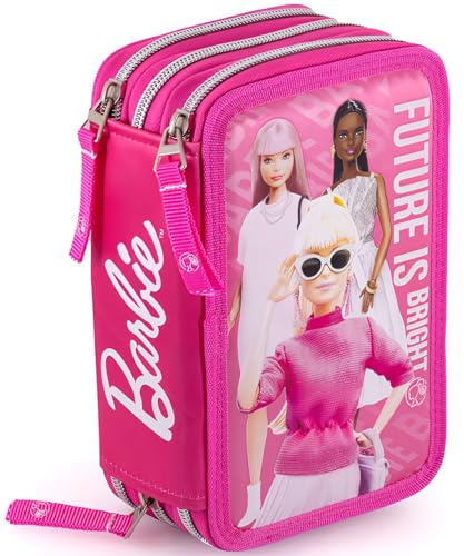 Clondo 3-Fach Federmäppchen für Barbie Fan – 45-teilig, komplett gefüllt – mit Schere, Kleber, Buntstiften, Filzstifte – Rosa – ideal für Schule & als Geschenk Mädchen