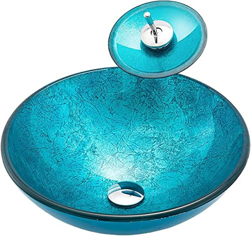 mueble lavabo sobre encimera, Lavabo For Guardarropa De Baño, Lavabo For Lavar A Mano, Recipiente De Vidrio Templado, Fregadero Redondo Azul For Encimera, Fregadero Sobre Encimera Con Grifo De Cascada