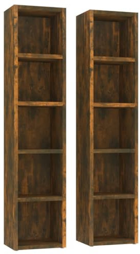 2X CD DVD Standregal Bücherregal, Medienregal mit 10 Fächern für 160 CDs Raumteiler Deko Regal, Aufbewahrung Büroregal Räuchereiche 21x16x93,5 cm Holzwerkstoff