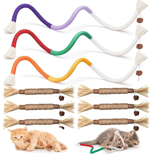 SXFENG 9 Stück Katzenminze Sticks, 6 Matatabi katzenminze Spielzeug, 3 Stück Katzenminze Spielzeug Beißseil 70 cm, Interaktives Katzenspielzeug, Katzen Zahnpflege und Gegen Mundgeruch