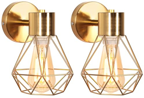 iDEGU 2 Stück Wandleuchten Innen Industrie Design Wandleuchte Innen aus Metall Vintage Käfig E27 Wandspot Verstellbare Deckenleuchte Wandstrahler für Schlafzimmer Flur Wohnzimmer Esszimmer (Gold)