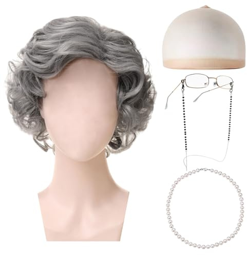 TUONYIS 5 Stück Kostüm-Set für Alte Dame Graues Oma-Perücken-Set mit Enthalten Oma Perücke Perückenkappe Brille Brillenkette Perlenkette für Halloween Welttag des Buches Cosplay Karneval (Grau)