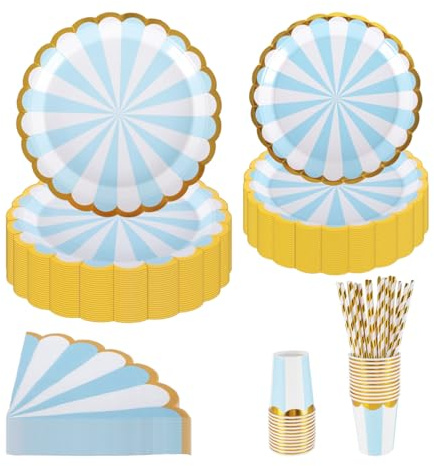 Ensemble d'assiettes, gobelets et serviettes de table en carton bleu de 18 cm et 23 cm, pour 25 invités, parfait pour les fêtes, événements et célébrations