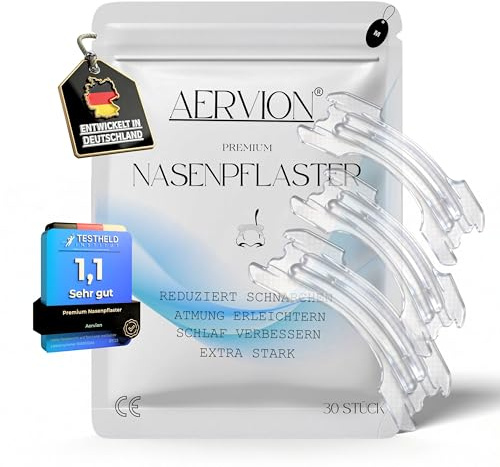 AERVION® Premium Nasenpflaster Transparent 30 Stück, Gegen Schnarchen & verstopfte Nase, Extra stark, für Sport, Besser Atmen & Schlafen, Schnarchstopper, Hautfreundlich, Nasal Nose Strips M 55x17mm