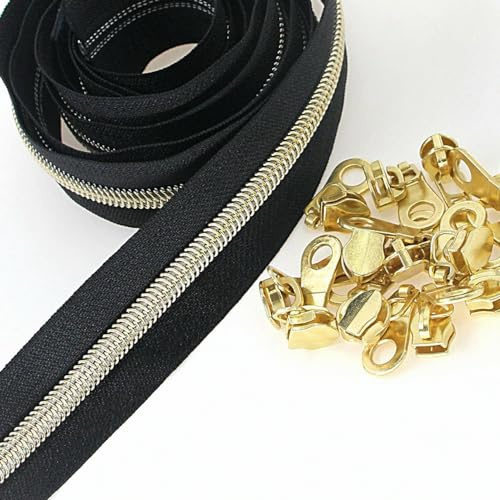 SHUNLI #5 metalliska nylonspoledragkedjor på gården, svart guld bulk-dragkedjetejp 10 meter med 25 st dragkedja för gör-det-själv sömnad, hantverk, ersättningsväskor