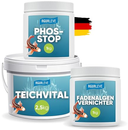 AGUALEVE® VVV-Verfahren Komplettset gegen Fadenalgen Größe S (bis 20.000l Teichwasser) | 2,5kg Teichvital (Vorbereiten) + 1kg Fadenalgenvernichter (Vernichten) + 1kg Phosstop (Vorbeugen)