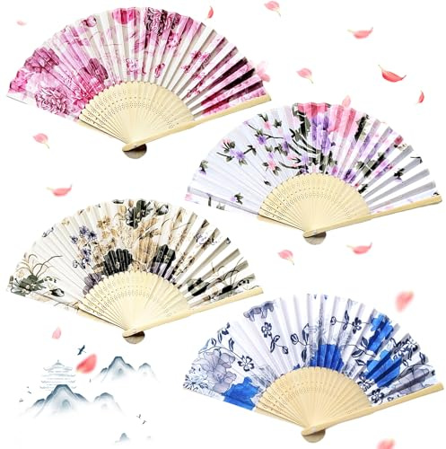 Zeaying 4 Stück Handfächer, Faltbare Fächer, Chinesische Kunst Fächer, Set Handfächer Aus Holz, Orientalischer Tuch Stoff Fan Für Hochzeit Sommer Party, Wand Dekoration, Kostümzubehör