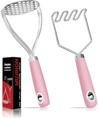 18/0 Stainless Steel Pink Potato Mashers, 10.7-in Kitchen Masher Tool for Avocado Vegetable Sauce Butter, Heavy Duty, Dishwasher Safe, Pack of 2