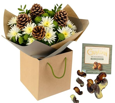 Daily Flowers Snowy Pines Winter Bouquet with White Chrysanthemums, Pine Cones, Fresh Cut Greenery in Gift Box, Christmas Holiday Floral Arrangement, 50 x 20 cm (Gift Chocolate)