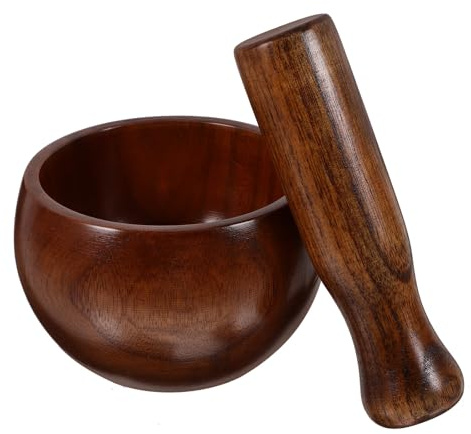 Amosfun Mortier et Pilon en Bois Naturel 2 Pièces, Bol en Bois Cuisine, Kit Ustensiles pour Broyer Épices, Herbes et Sauces, Outil Polyvalent Cuisine Maison