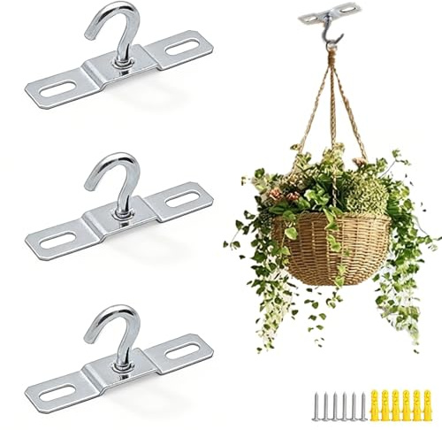 Zyrtkeriom Gancho de Techo 70 mm, Juego de 3 Ganchos de Techo de Hierro Galvanizado Resistente, Incluye Placa Base y Tornillos de Montaje, Compatible con Lámparas Europeas y Cestas de Flores