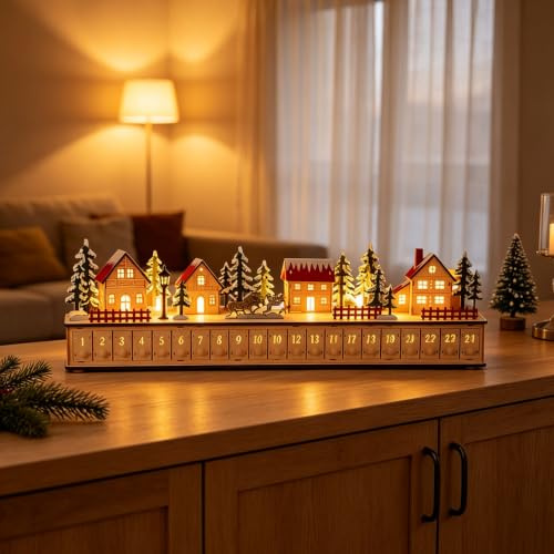Upplyst julby i trä adventskalender med 24 fyllbara lådor, LED-nedräkning dekoration, återanvändbar bordsskiva julby display för hem familj semester dekor