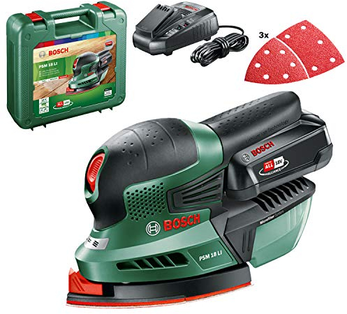 Bosch Multilijadora a batería PSM 18 LI (1 batería, cargador, 3 hojas de lija, maletín, Sistema 18 V, 2,5 Ah)